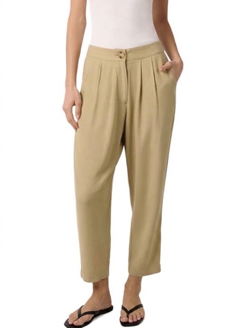 Semi-sheer Pleated Tapered Pants in Khaki